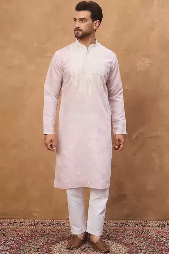 Men lavender silk blend solid embroidered straight kurta with pant set