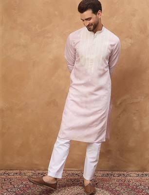 Men lavender silk blend solid embroidered straight kurta with pant set 3