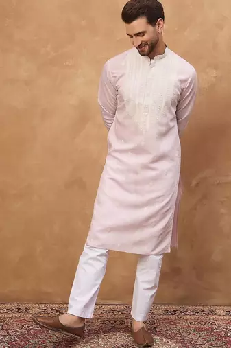 Men lavender silk blend solid embroidered straight kurta with pant set