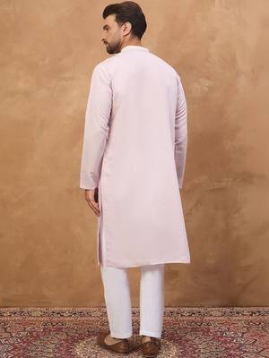 Men lavender silk blend solid embroidered straight kurta with pant set 4