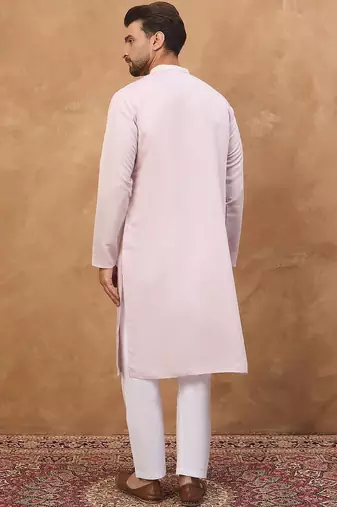 Men lavender silk blend solid embroidered straight kurta with pant set