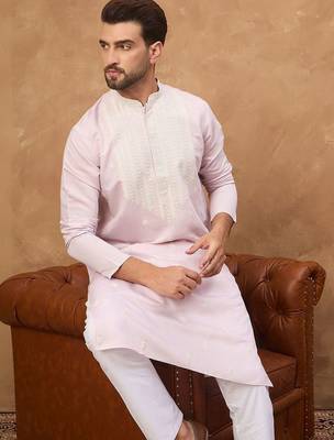Men lavender silk blend solid embroidered straight kurta with pant set 5