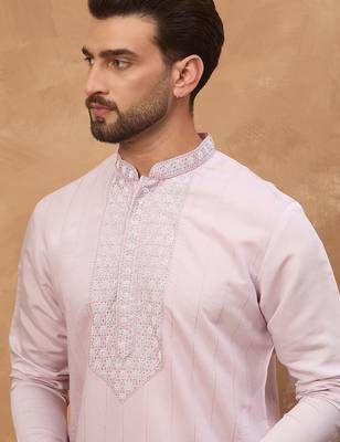 Men lavender silk blend solid embroidered straight kurta with pant set 1