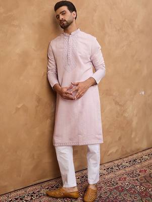 Men lavender silk blend solid embroidered straight kurta with pant set 2