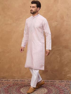Men lavender silk blend solid embroidered straight kurta with pant set 3
