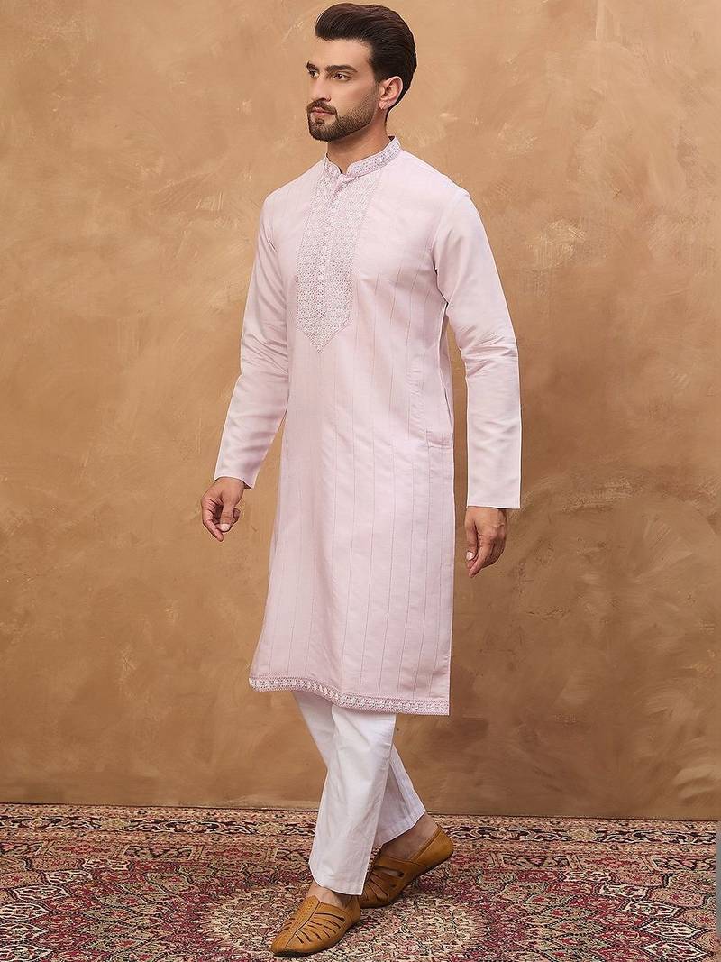 Men lavender silk blend solid embroidered straight kurta with pant set