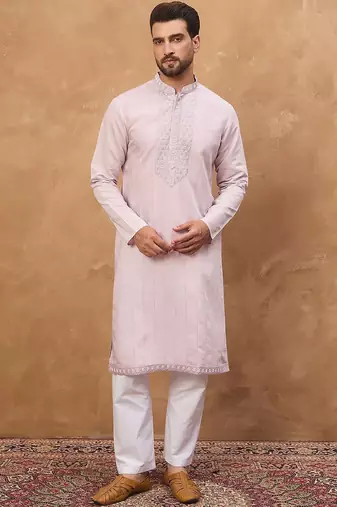 Men lavender silk blend solid embroidered straight kurta with pant set