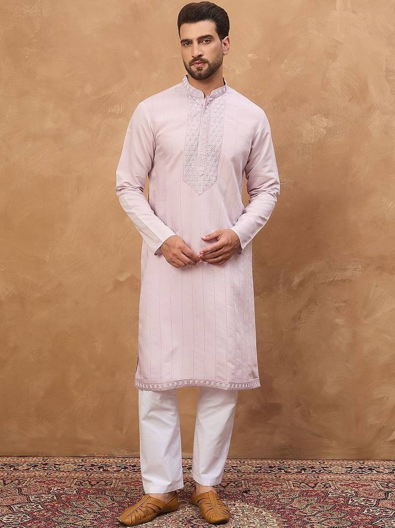 Men lavender silk blend solid embroidered straight kurta with pant set