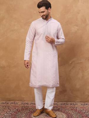 Men lavender silk blend solid embroidered straight kurta with pant set 5