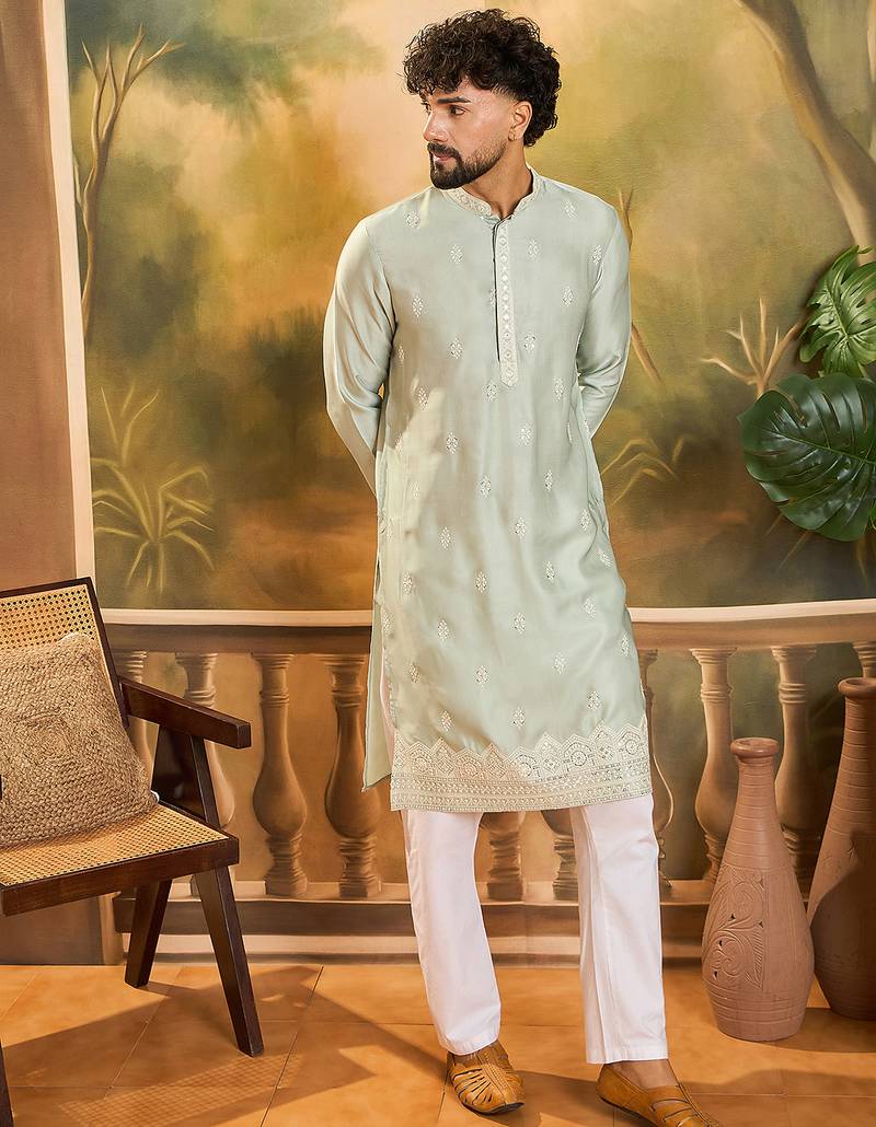 Men green silk blend solid embroidered straight kurta with trouser