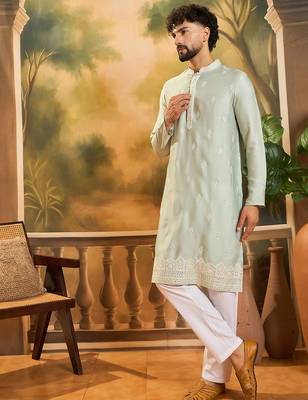Men green silk blend solid embroidered straight kurta with trouser 4