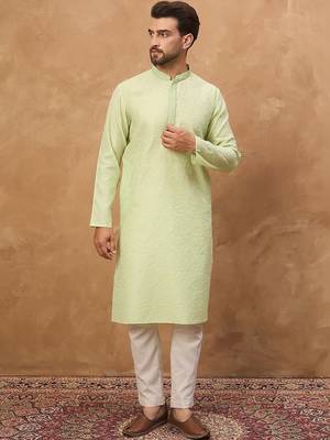 Men green silk blend solid embroidered straight kurta with pant set 1