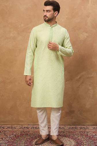 Men green silk blend solid embroidered straight kurta with pant set