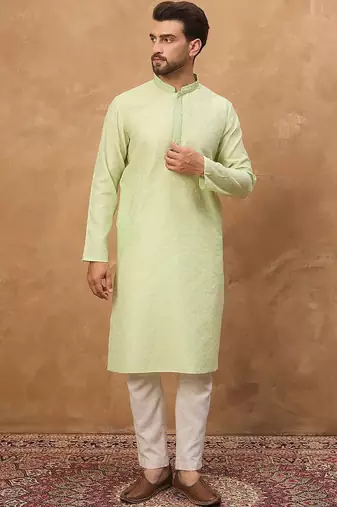 Men green silk blend solid embroidered straight kurta with pant set