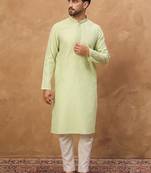 Men green silk blend solid embroidered straight kurta with pant set
