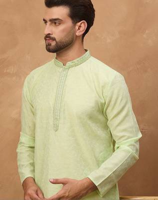 Men green silk blend solid embroidered straight kurta with pant set 2