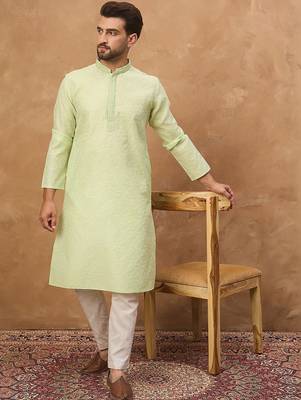 Men green silk blend solid embroidered straight kurta with pant set 3