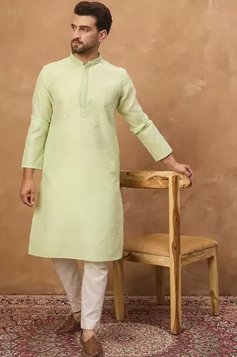 Men green silk blend solid embroidered straight kurta with pant set
