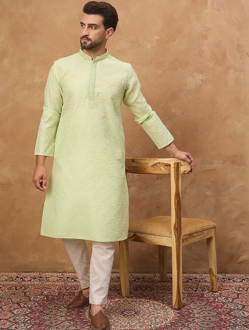 Men green silk blend solid embroidered straight kurta with pant set
