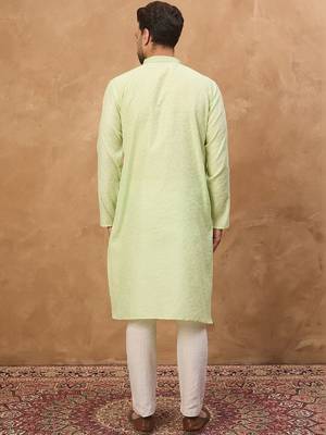 Men green silk blend solid embroidered straight kurta with pant set 4