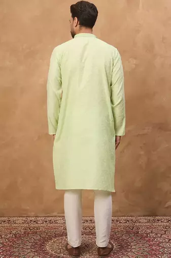 Men green silk blend solid embroidered straight kurta with pant set