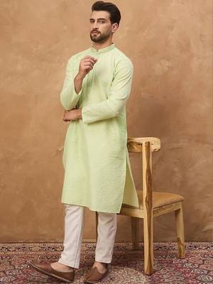 Men green silk blend solid embroidered straight kurta with pant set 5