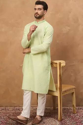 Men green silk blend solid embroidered straight kurta with pant set