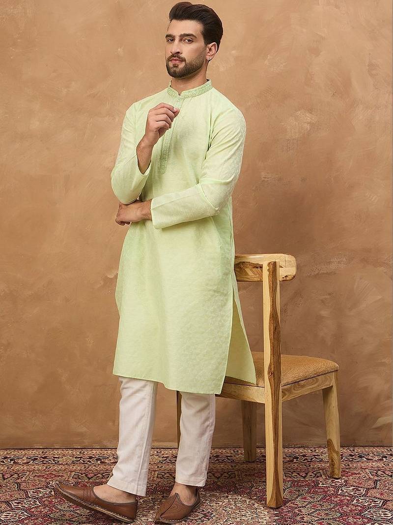 Men green silk blend solid embroidered straight kurta with pant set