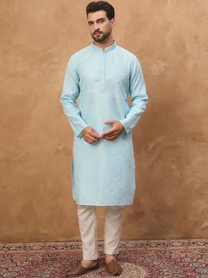 Men blue silk blend solid embroidered straight kurta with pant set 1