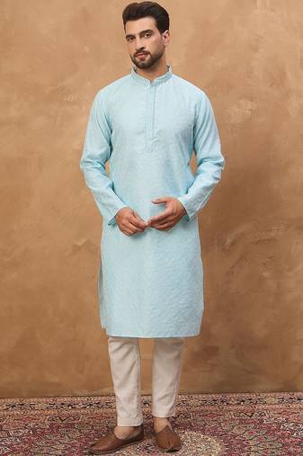 Men blue silk blend solid embroidered straight kurta with pant set