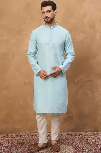 Men blue silk blend solid embroidered straight kurta with pant set