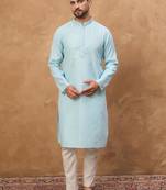 Men blue silk blend solid embroidered straight kurta with pant set