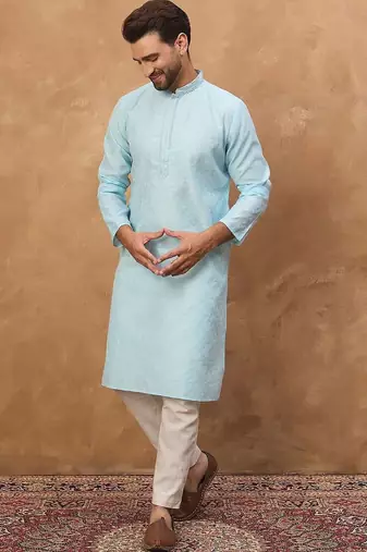 Men blue silk blend solid embroidered straight kurta with pant set