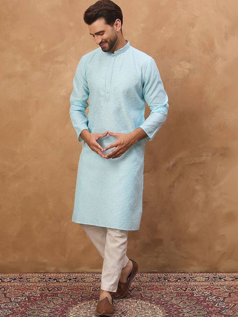 Men blue silk blend solid embroidered straight kurta with pant set