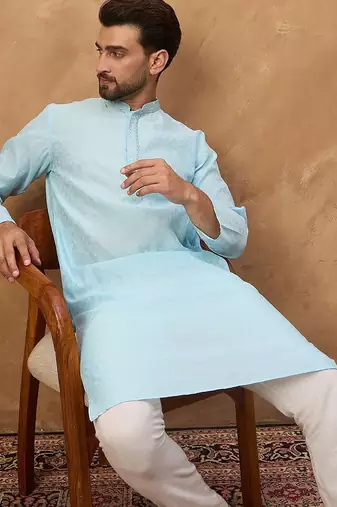 Men blue silk blend solid embroidered straight kurta with pant set