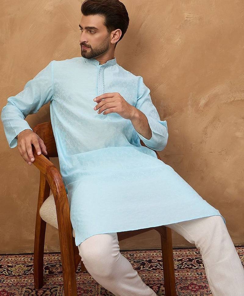 Men blue silk blend solid embroidered straight kurta with pant set