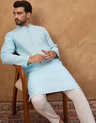 Men blue silk blend solid embroidered straight kurta with pant set 4