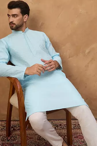 Men blue silk blend solid embroidered straight kurta with pant set