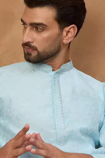 Men blue silk blend solid embroidered straight kurta with pant set