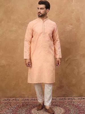 Men peach silk blend solid embroidered straight kurta with pant set 1