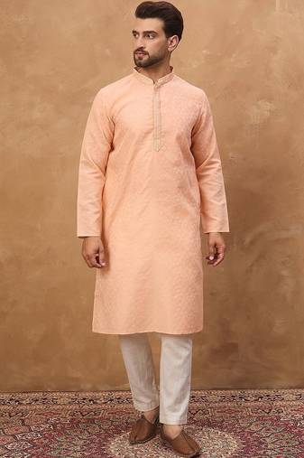 Men peach silk blend solid embroidered straight kurta with pant set