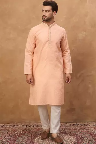 Men peach silk blend solid embroidered straight kurta with pant set