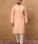 Men peach silk blend solid embroidered straight kurta with pant set