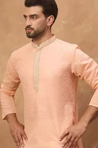 Men peach silk blend solid embroidered straight kurta with pant set