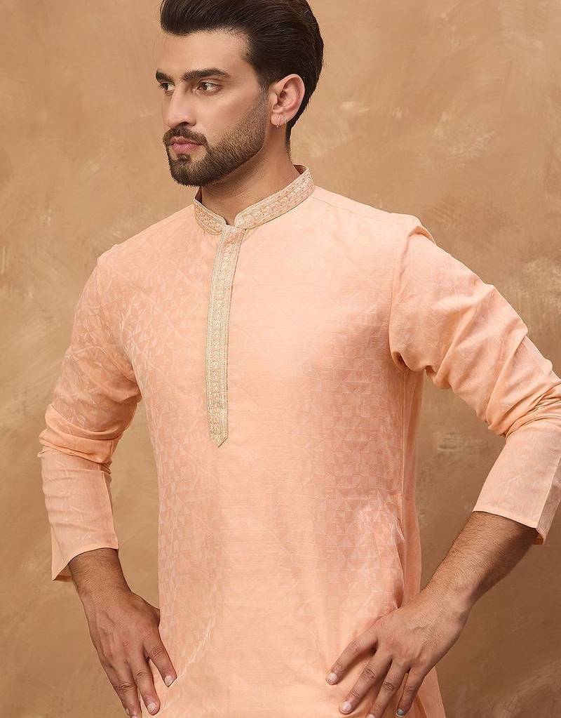 Men peach silk blend solid embroidered straight kurta with pant set