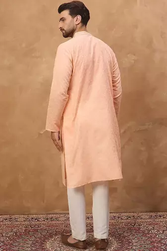 Men peach silk blend solid embroidered straight kurta with pant set