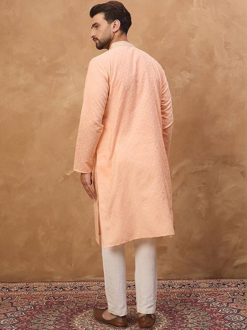 Men peach silk blend solid embroidered straight kurta with pant set