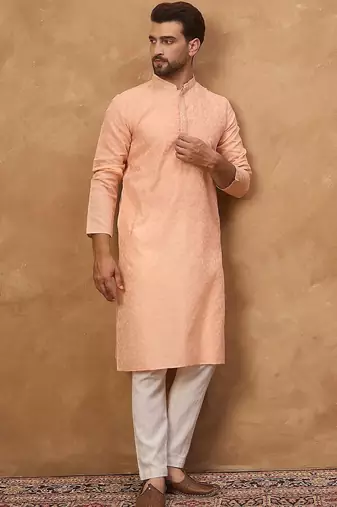 Men peach silk blend solid embroidered straight kurta with pant set