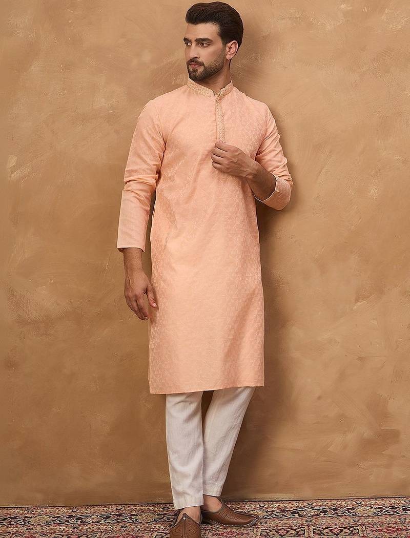 Men peach silk blend solid embroidered straight kurta with pant set