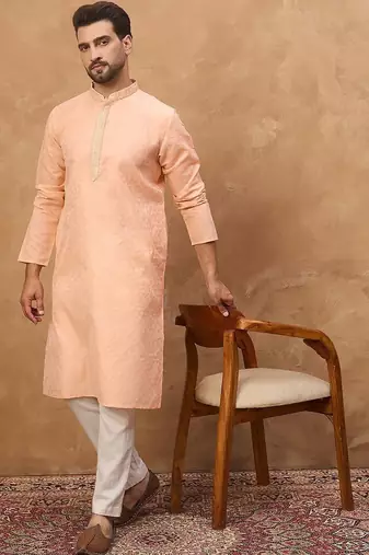 Men peach silk blend solid embroidered straight kurta with pant set